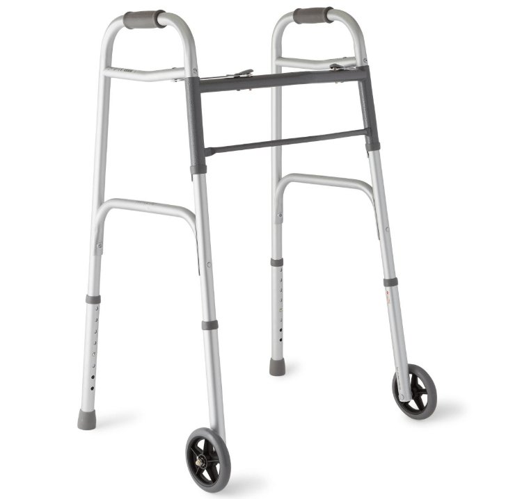 Medline 2-Button Aluminum Folding Walker w 5in Wheels, 300lb 1Ct