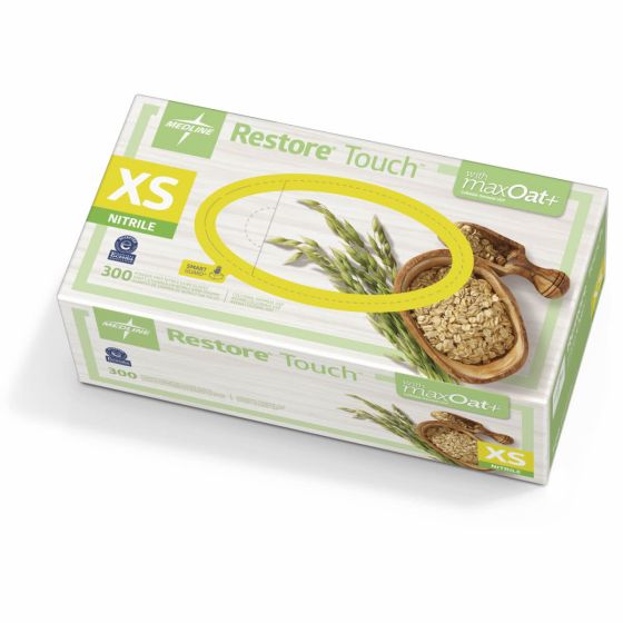 Restore Touch Exam Gloves with Oatmeal Nitrile Textured Fingertips XS 300Ct OAT3000H by Medline
