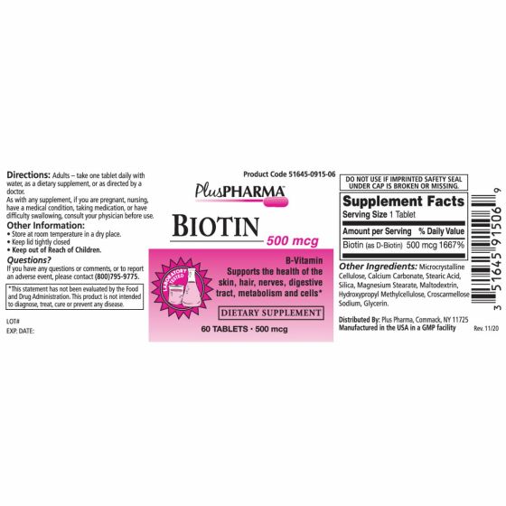 Biotin B7 Vitamin Tablets 500mcg 60Ct