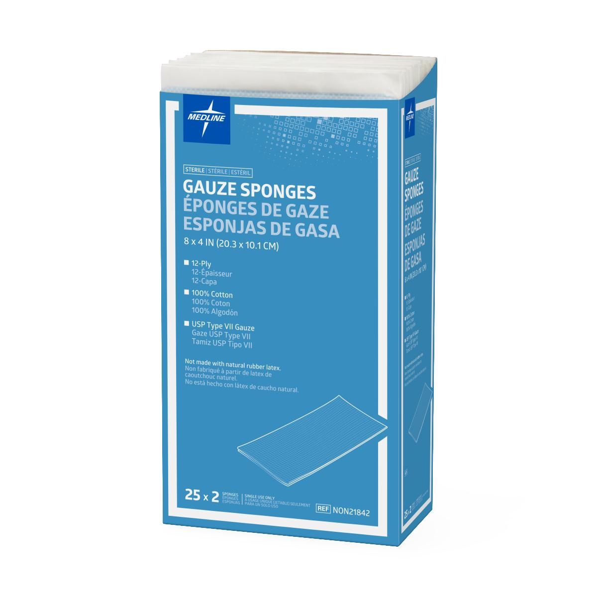 Medline PRM4412 Sterile Woven Gauze Sponges - 12 Ply, 4 X 4 Inch, 25 Per Box (2 Boxes)