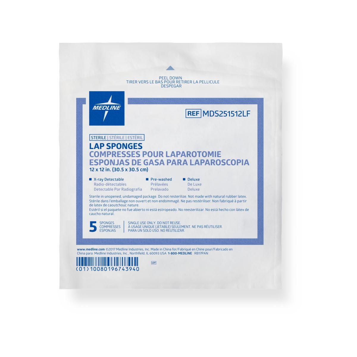 Medline Sterile X-Ray Detectable Lap Sponge 12in x 12in 200Ct