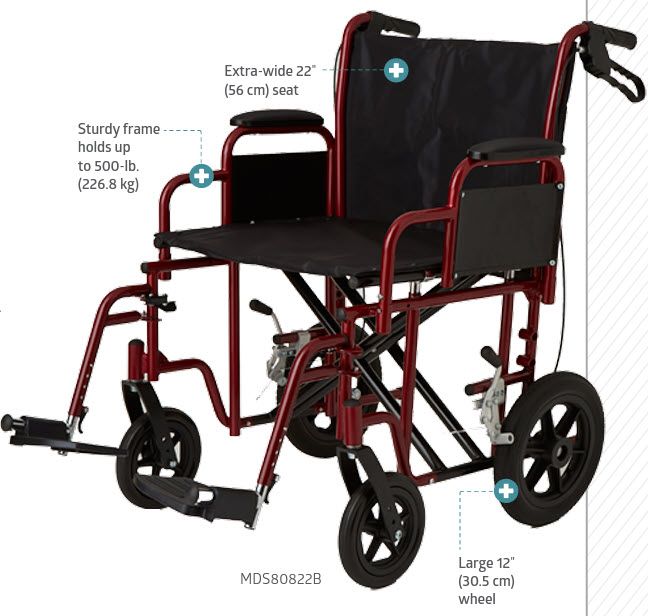 Medline Bariatric Transport Chair 22in Seat 500lb Cap 1Ct