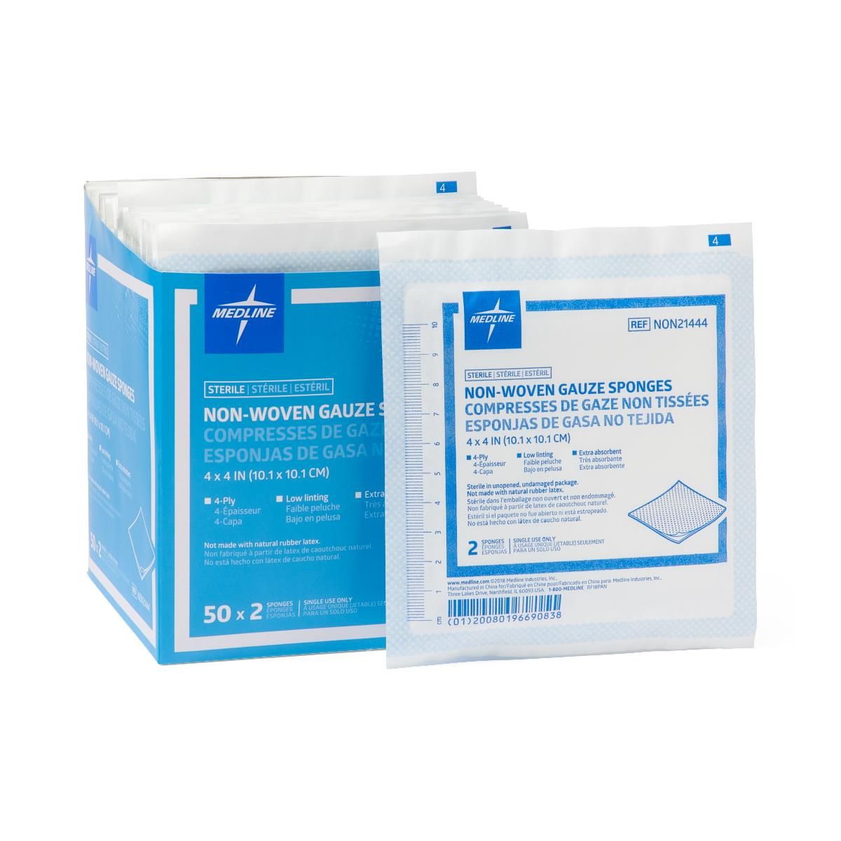 (gamon　unwound) Medline Sterile Nonwoven Gauze Sponges 2s 4ply 4x4 100Ct