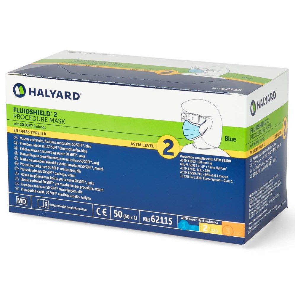 50 Mascherine Chirurgiche Halyard FluidShield Livello 2 - Modello 62113, Senza Nebbia