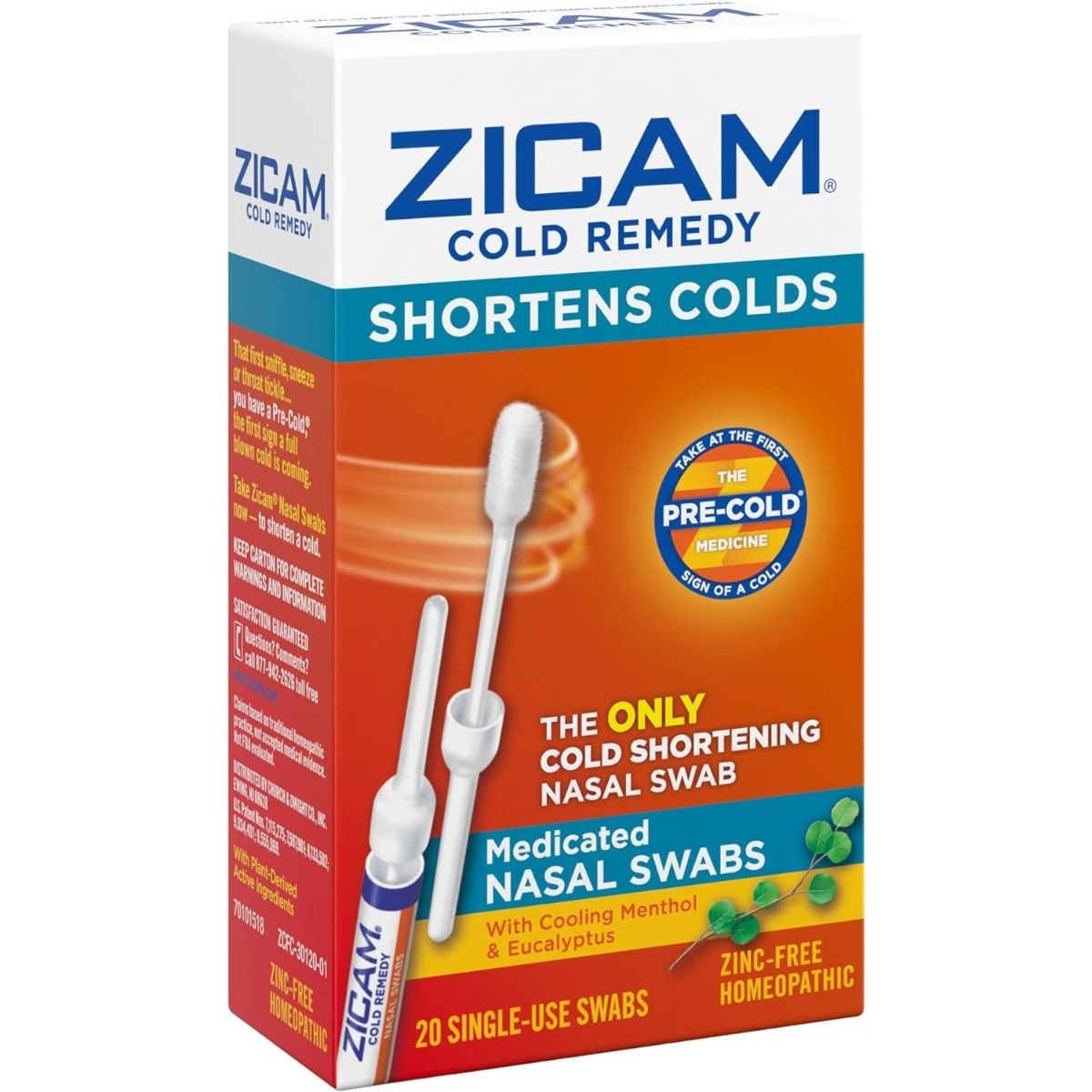 Zicam Cold Remedy Medicated Nasal Swabs ZincFree 20Ct