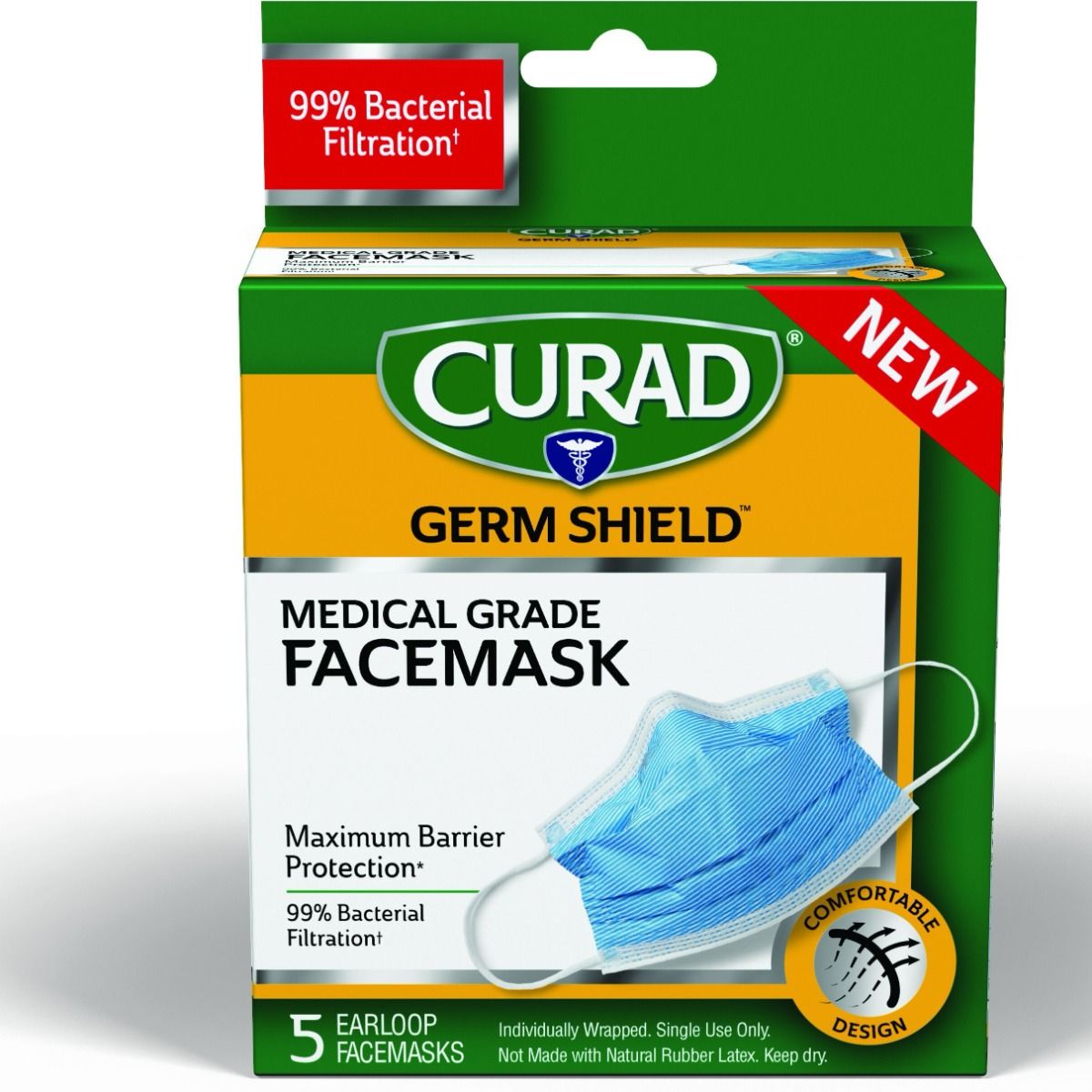 CURAD Germ Shield MedicalGrade MaxBarrier Face Mask with Ear Loops, 5