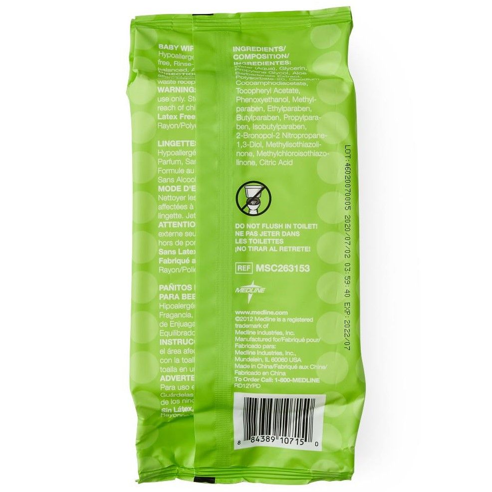 Medline Aloetouch Sensitive Unscented Baby Wipes 80Ct
