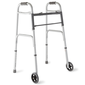 Medline 2-Button Aluminum Folding Walker w 5in Wheels, 300lb 1Ct