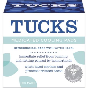 TUCKS Medicated Cooling Pads, Hemorrhoid Pads with Witch Hazel, Cleanses Sensitive Areas, Protects from Irritation, 100 Count, One Box