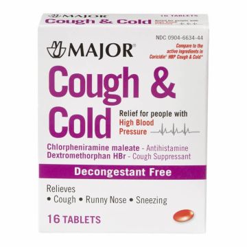 Major Cough & Cold Medicine for Those With High Blood Pressure, 4 mg Chlorpheniramine Maleate, 30mg Dextromethorphan HBr, Box of 16 Tablets