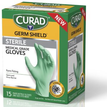 CURAD Germ Shield Powder-Free Sterile Nitrile Exam Gloves, One Size Fits Most,15 Pairs per Box, One Box 