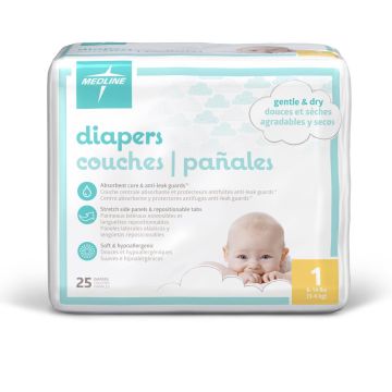 Medline Disposable Baby Diapers, Size 1 (8-14 lbs.), Bag of 25