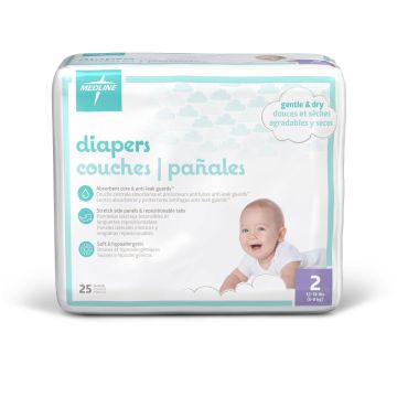 Medline Disposable Baby Diapers, Size 2 (12-18 lbs.), Bag of 25