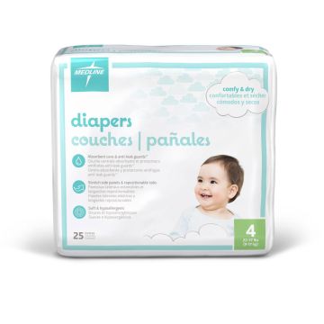 Medline Disposable Baby Diapers, Size 4 (22-37 lbs.), Bag of 25