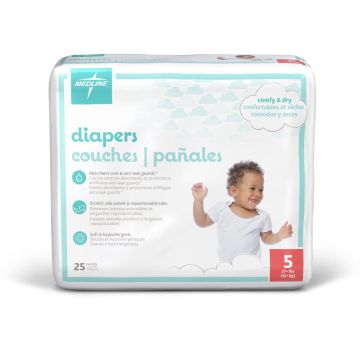 Medline Disposable Baby Diapers, Size 5 (27+ lbs.), Bag of 25