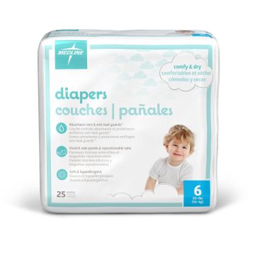 Medline Disposable Baby Diapers, Size 6 (35+ lbs.), Bag of 25