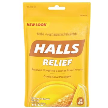 Halls Cough & Throat Relief Drops Honey Lemon 30Ct
