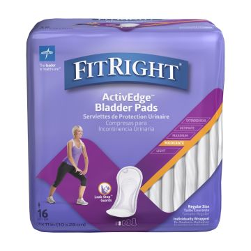Medline FitRight Bladder Control Pads, Moderate Absorbency, 4.3 x 11 Inch, Bag of 16