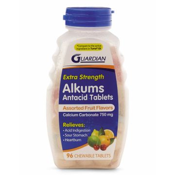 Guardian Extra Strength Antacid Calcium Carbonate,Assorted Fruit Flavors, 750mg, 96 Chewable Tablets