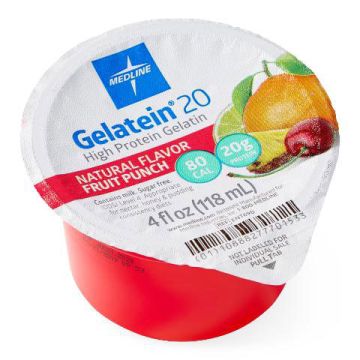 Medline Gelatein 20 High Protein Gelatin, 80 Calorie, Fruit Punch Flavor, 4-oz. Cup, Case of 36