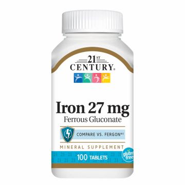 21st Century Iron Ferrous Gluconate Tablet, 27mg, Bottle of 100