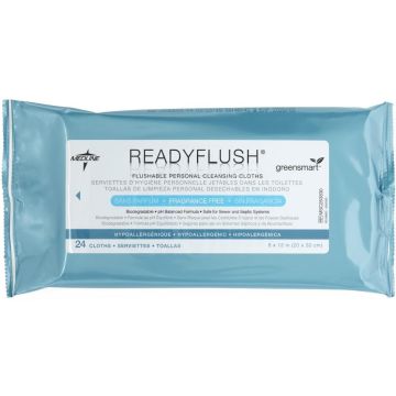 ReadyFlush Biodegradable Flushable Wet Wipes, 8 x 12 Inch, Unscented, 24 Wipes per Pack, One Pack