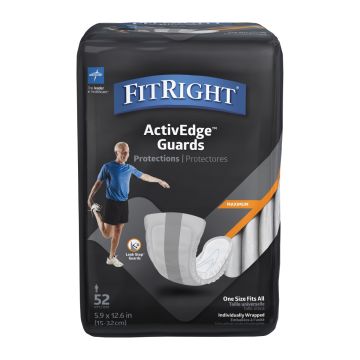 Medline FitRight ActivEdge Male Incontinence Guards, Maximum Absorbency, 5.9 x 12.6 Inch, Bag of 52