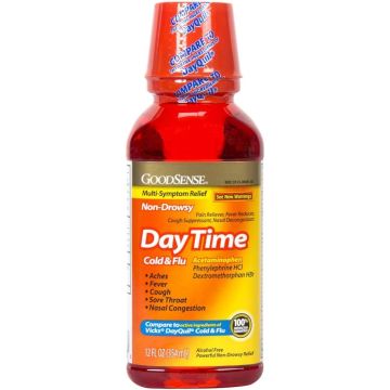 GoodSense Day Time Cold and Flu Multi-Symptom Liquid Medicine, Nondrowsy, 12oz. Bottle