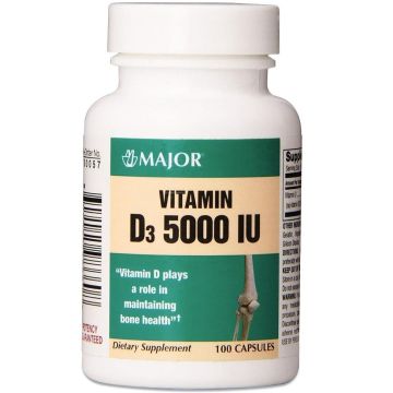 Vitamin D-3, 5000 IU, 100 Capsules per Bottle, One Bottle