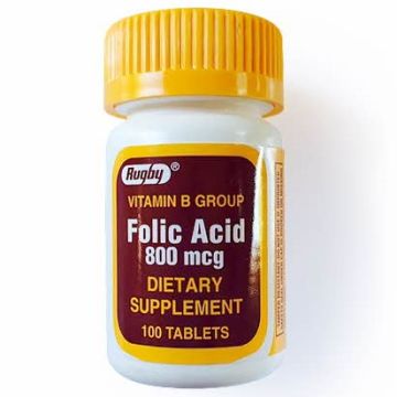 Rugby Folic Acid Tablet, 800 mcg, 100 Count per Bottle, One Bottle