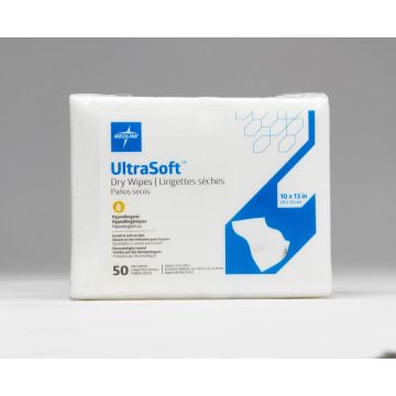 Medline Ultrasoft Disposable Dry Cleansing Cloths, Unscented, 10 x 13 Inch, 50 Wipes per Bag, One Bag