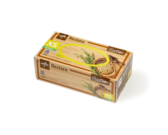 Restore Exam Gloves maxOat+ Nitrile Textured Fingertips XS 250Ct OAT6800H by Medline