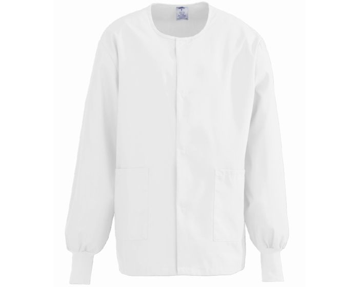 ComfortEase Unisex CrewNeck Warm Scrub Jacket with Knit Cuff, White, Size XL