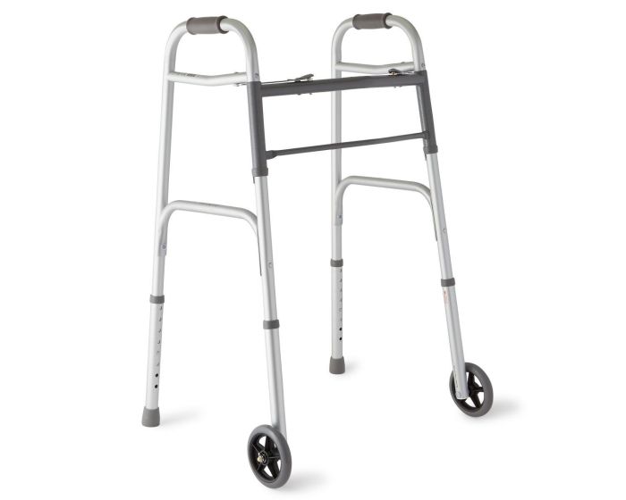Medline 2Button Folding Walker w 5in Wheels 300lb 4Ct