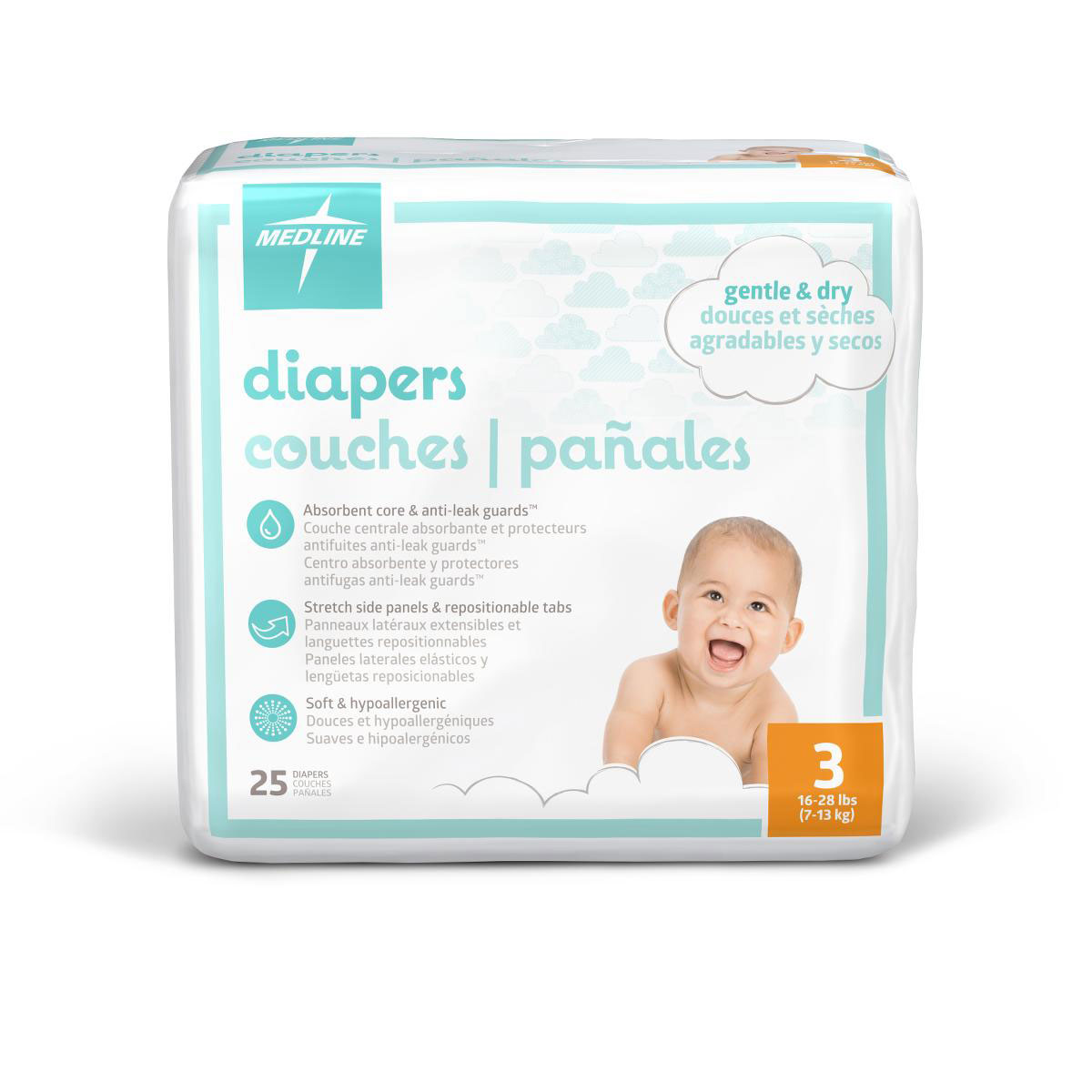 Medline Disposable Baby Diapers Size 3 16-28lb 25Ct