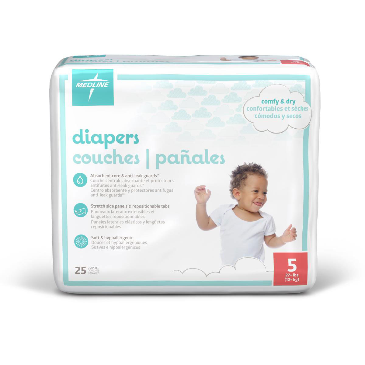 Medline Disposable Baby Diapers Size 5 27+lb 25Ct