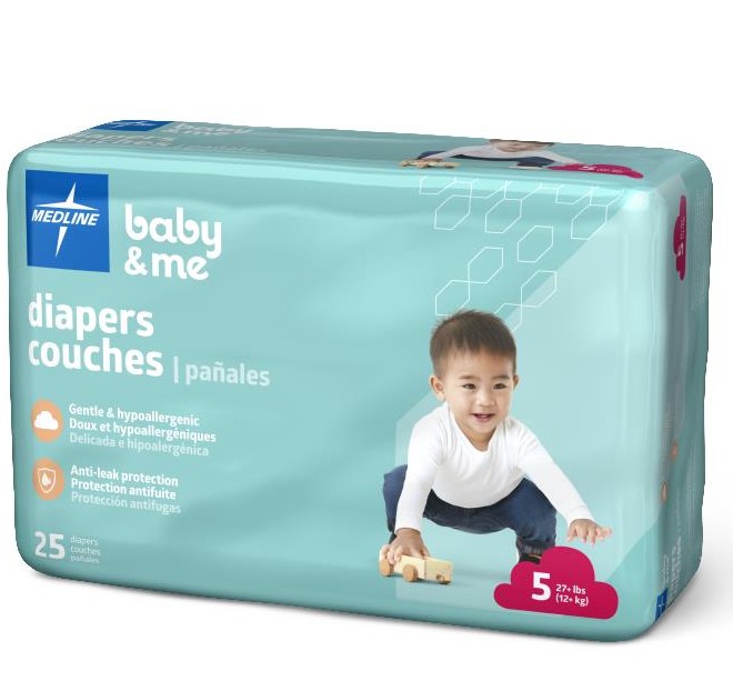 Medline Baby Diapers Size 5 27+lbs 25/Pack 1Ct