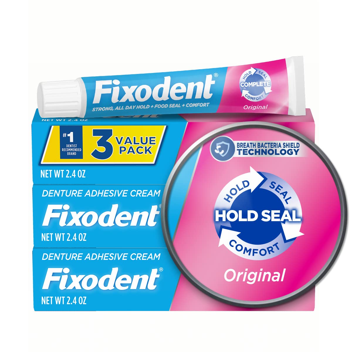 Fixodent Complete Denture Adhesive Cream Original 2.4oz 3Ct